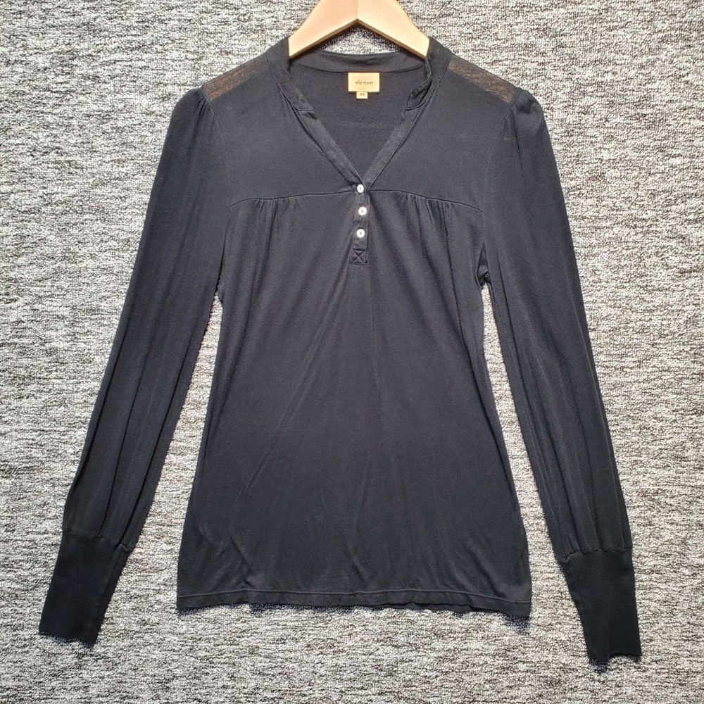 Ella Moss Stella Sheer Yoke Henley‎ Top Womens XS Black Long Sleeve Pima Cotton